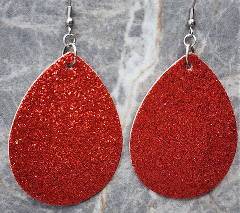 Red Glitter FAUX Leather Large Teardrop Earrings