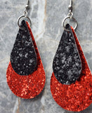 Black Glitter FAUX Leather Teardrop Shaped Earrings with Red Glitter FAUX Leather Teardrop Shaped Overlay