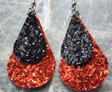 Black Glitter FAUX Leather Teardrop Shaped Earrings with Red Glitter FAUX Leather Teardrop Shaped Overlay