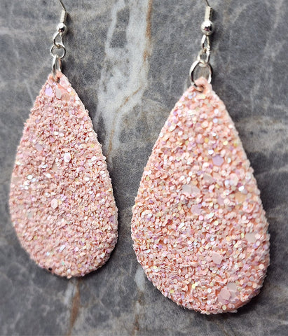 Chunky Light Pink Glitter Very Sparkly Double Sided FAUX Leather Teardrop Earrings