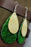 Chunky Green Glitter Very Sparkly Double Sided FAUX Leather Teardrops with Metallic Gold Striped FAUX Leather Teardrop Overlay Earrings