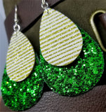 Chunky Green Glitter Very Sparkly Double Sided FAUX Leather Teardrops with Metallic Gold Striped FAUX Leather Teardrop Overlay Earrings