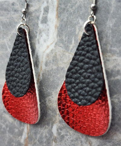 Red Metallic Luster FAUX Leather Teardrop Earrings with Black FAUX Leather Overlay