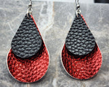 Red Metallic Luster FAUX Leather Teardrop Earrings with Black FAUX Leather Overlay