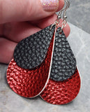 Red Metallic Luster FAUX Leather Teardrop Earrings with Black FAUX Leather Overlay