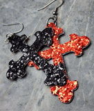 Black and Red Glitter Double Sided FAUX Leather Cross Earrings
