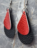 Black FAUX Leather Teardrop Earrings with Red Metallic Luster FAUX Leather Overlay