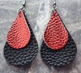 Black FAUX Leather Teardrop Earrings with Red Metallic Luster FAUX Leather Overlay