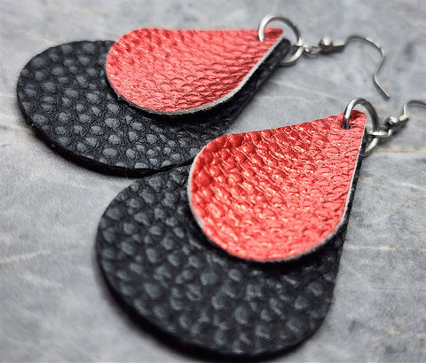 Black FAUX Leather Teardrop Earrings with Red Metallic Luster FAUX Leather Overlay