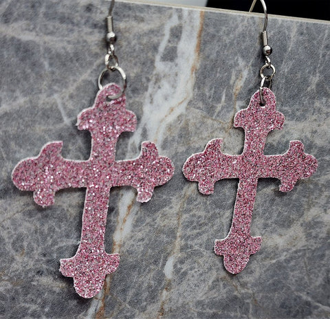 Pink Fine Glitter FAUX Leather Cross Earrings