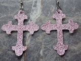 Pink Fine Glitter FAUX Leather Cross Earrings