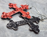 Reversible Red and Black Glitter FAUX Leather Cross Earrings