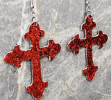 Reversible Red and Black Glitter FAUX Leather Cross Earrings