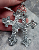 Silver Glitter FAUX Leather Cross Earrings