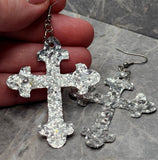 Silver Glitter FAUX Leather Cross Earrings