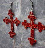 Red with Gold Outlined Brick Patterned Glitter FAUX Leather Cross Earrings