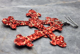 Red with Gold Outlined Brick Patterned Glitter FAUX Leather Cross Earrings