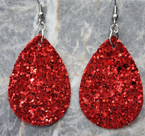 Red Glitter FAUX Leather Teardrop Earrings