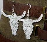 White with Silver Glitter Very Sparkly Double Sided FAUX Leather Longhorn Skull Earrings