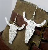 White with Silver Glitter Very Sparkly Double Sided FAUX Leather Longhorn Skull Earrings