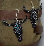 Black and AB Glitter Very Sparkly Double Sided FAUX Leather Longhorn Skull Earrings