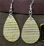 Gold Glitter and White Striped Double Sided FAUX Leather Teardrop Earrings
