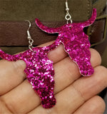 Fuchsia Glitter Very Sparkly Double Sided FAUX Leather Longhorn Skull Earrings