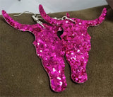 Fuchsia Glitter Very Sparkly Double Sided FAUX Leather Longhorn Skull Earrings
