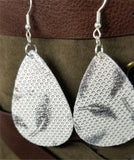 Silver Glittering FAUX Leather Teardrop Earrings with Metallic Feathers Printed On Them