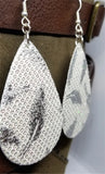 Silver Glittering FAUX Leather Teardrop Earrings with Metallic Feathers Printed On Them