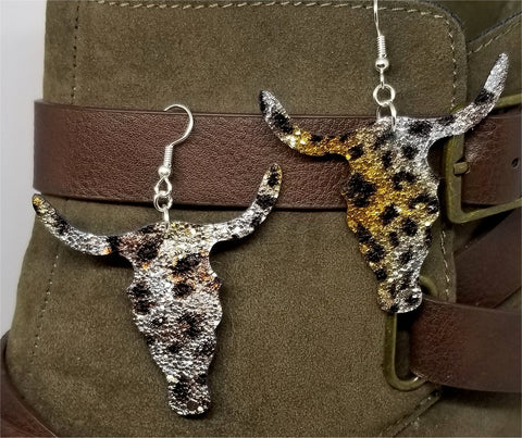 Metallic Leopard Print Sparkly Double Sided FAUX Leather Longhorn Skull Earrings