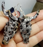 Metallic Leopard Print Sparkly Double Sided FAUX Leather Longhorn Skull Earrings