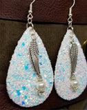 Unicorn Skin Glitter FAUX Leather Teardrop Shaped Earrings with Single Wing Charm and Glass Pearl Dangle