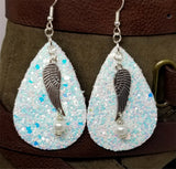 Unicorn Skin Glitter FAUX Leather Teardrop Shaped Earrings with Single Wing Charm and Glass Pearl Dangle