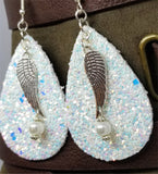 Unicorn Skin Glitter FAUX Leather Teardrop Shaped Earrings with Single Wing Charm and Glass Pearl Dangle