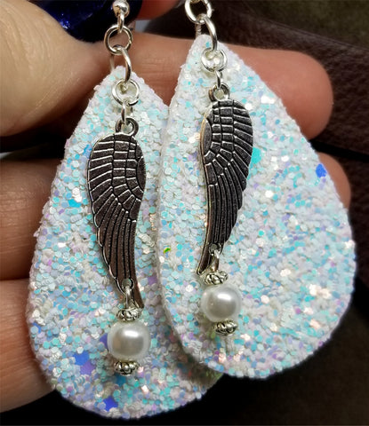 Unicorn Skin Glitter FAUX Leather Teardrop Shaped Earrings with Single Wing Charm and Glass Pearl Dangle