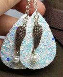 Unicorn Skin Glitter FAUX Leather Teardrop Shaped Earrings with Single Wing Charm and Glass Pearl Dangle