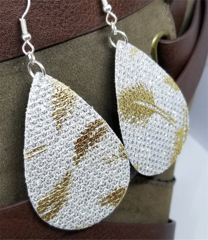 Silver Glittering FAUX Leather Teardrop Earrings with Gold Metallic Feathers Printed On Them