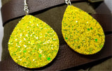 Sunshine Yellow Glitter Very Sparkly Double Sided FAUX Leather Teardrop Earrings