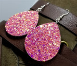 Pink Coral Color Shifting Glitter Very Sparkly Double Sided FAUX Leather Teardrop Earrings