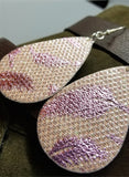 Pink Glittering FAUX Leather Teardrop Earrings with Metallic Printed Feathers