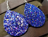 Blue Glitter Very Sparkly Double Sided FAUX Leather Teardrop Earrings with Color Shifting Chunky Glitter