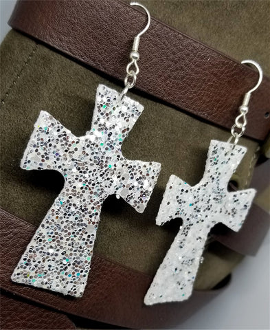 White with Silver Glitter Very Sparkly Double Sided FAUX Leather Cross Earrings