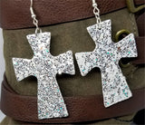 White with Silver Glitter Very Sparkly Double Sided FAUX Leather Cross Earrings