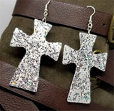 White with Silver Glitter Very Sparkly Double Sided FAUX Leather Cross Earrings