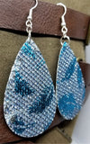 Silver Glittering FAUX Leather Teardrop Earrings with Blue Metallic Feathers Printed On Them