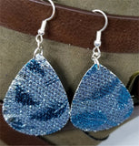 Silver Glittering FAUX Leather Teardrop Earrings with Blue Metallic Feathers Printed On Them