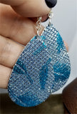 Silver Glittering FAUX Leather Teardrop Earrings with Blue Metallic Feathers Printed On Them