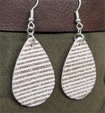 Rose Gold Glitter and White Striped Double Sided FAUX Leather Teardrop Earrings