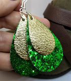 Chunky Green Glitter Very Sparkly Double Sided FAUX Leather Teardrops with Metallic Gold Leather Teardrop Overlay Earrings